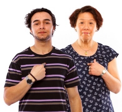 a man and a woman pointing at themselves