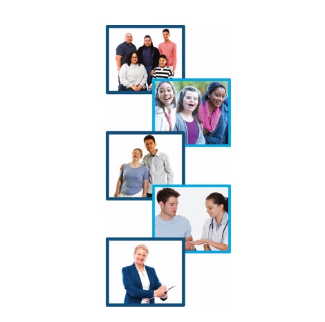 montage of 5 icons: a family, a group of 3 friends, a man and a woman standing together, a man and a doctor, and a woman writing on a clipboard.