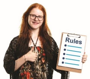 woman holding clipboard with "rules" on it