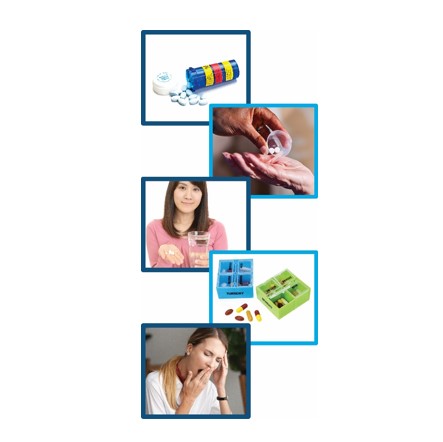 5 images: first is medicine pills, second image is a hand tipping pills out of a small measuring cup into another hand, third is a woman with a pill in her hand and a glass of water in the other, fourth are pills in a organising box, last is a woman yawning.