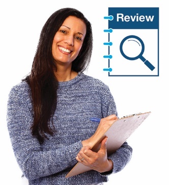 woman writing on clipboard. there is a review icon next to her with a magnifying glass on it.