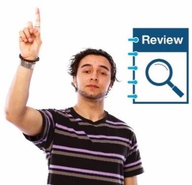 man with his hand raised with a review icon next to him