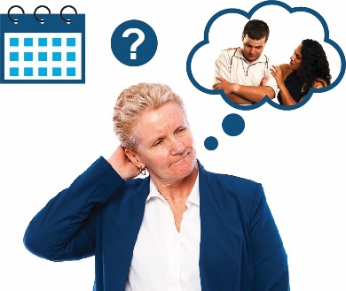 woman thinking about a woman comforting a man. there is also a calendar icon and question mark above her.
