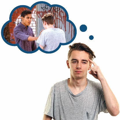 A man is thinking. There is a thought bubble. Inside the thought bubble - One young man is holding out his hand. He is trying to stop another young man. 