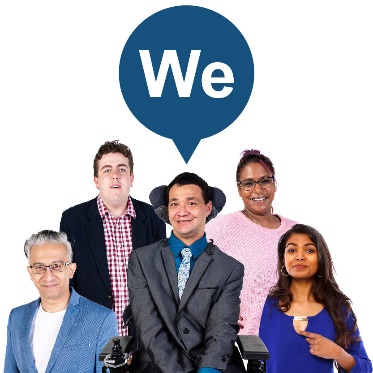 A group of people beneath the word 'We' inside of a speech bubble.