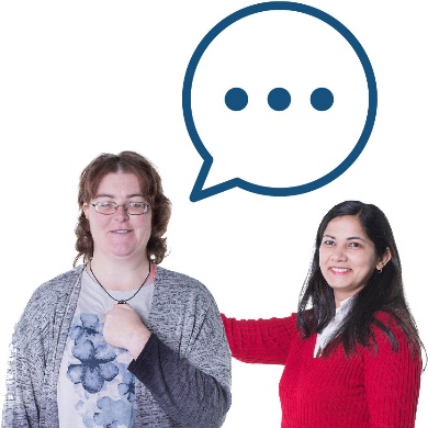 A separate representative supporting another person beneath a speech bubble.