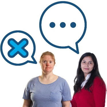 A separate representative supporting someone. Above the separate representative is a speech bubble. Above the other person is a cross inside of a speech bubble.