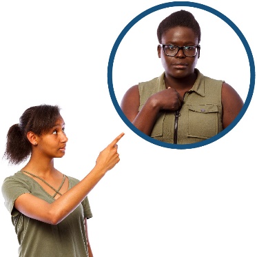 Someone pointing at a guardian. The guardian is also pointing at themselves.