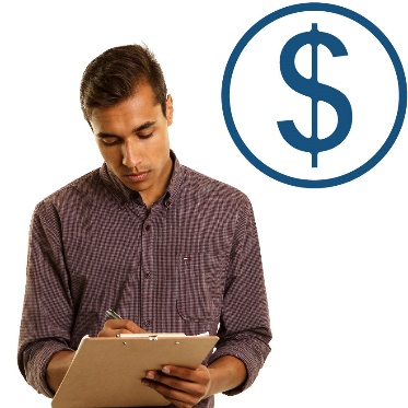 A financial manager writing in a document and a dollar sign.