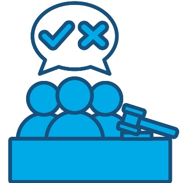 3 people at a bench with a gavel. Above them is a tick and a cross inside of a speech bubble.