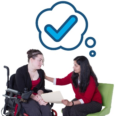A separate representative supporting someone to read a document. Above them is a tick inside of a thought bubble.