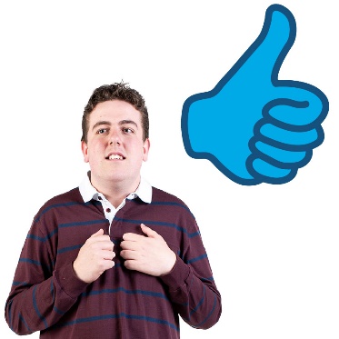 Someone pointing at themselves and a thumbs up.