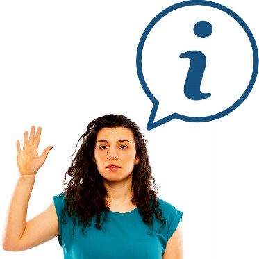 A witness raising their hand beneath an information icon inside of a speech bubble.