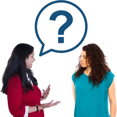 A separate representative and a witness having a conversation. Above the separate representative is a question mark inside of a speech bubble.