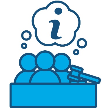 3 people at a bench with a gavel. Above them is an information icon inside of a thought bubble.