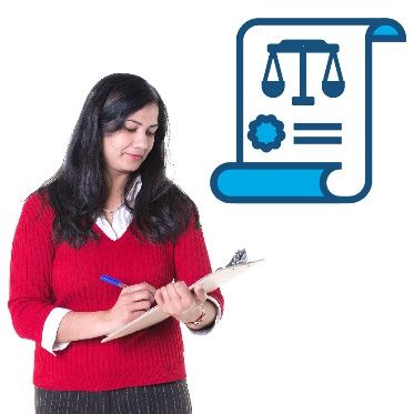 A lawyer writing in a document and a law document showing a set of justice scales.